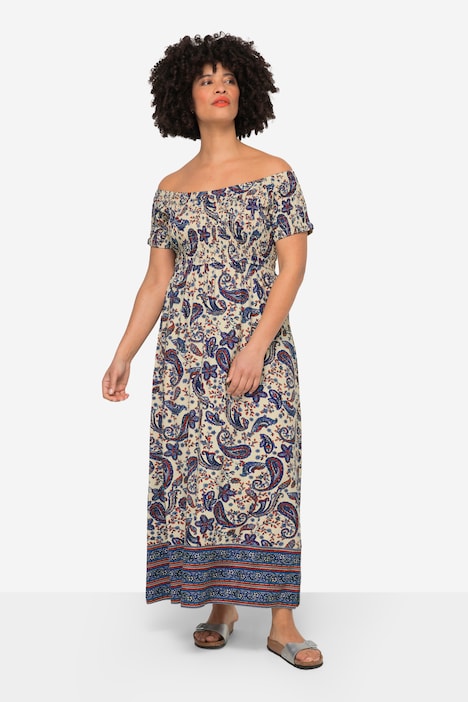 Jersey maxi-jurk, A-lijn, paisley-print, gerimpelde buste, halve mouwen