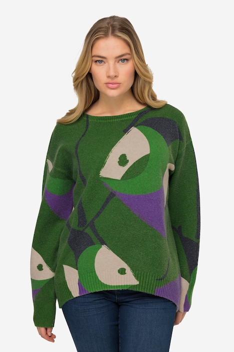 Abstract Fish Long-Sleeve Boat Neck Knit Sweater