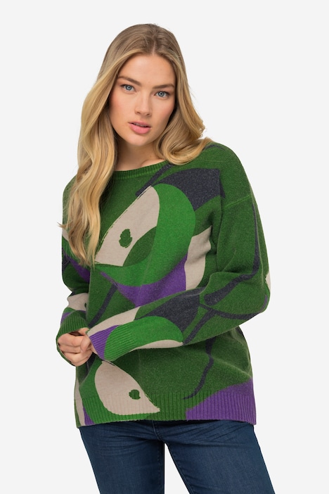 Abstract Fish Long-Sleeve Boat Neck Knit Sweater