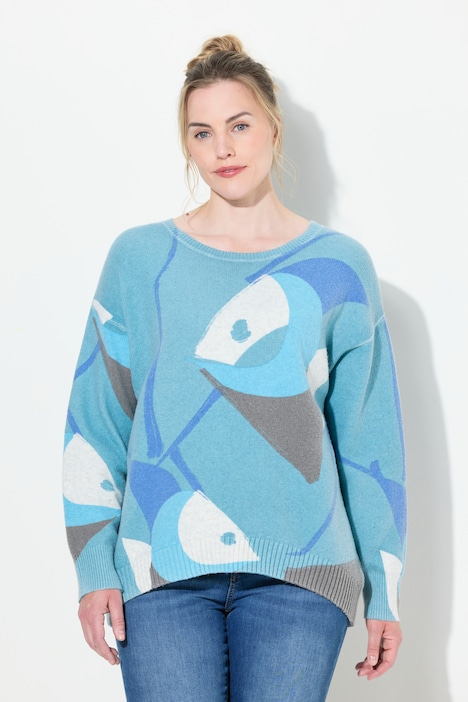 Abstract Fish Long-Sleeve Boat Neck Knit Sweater