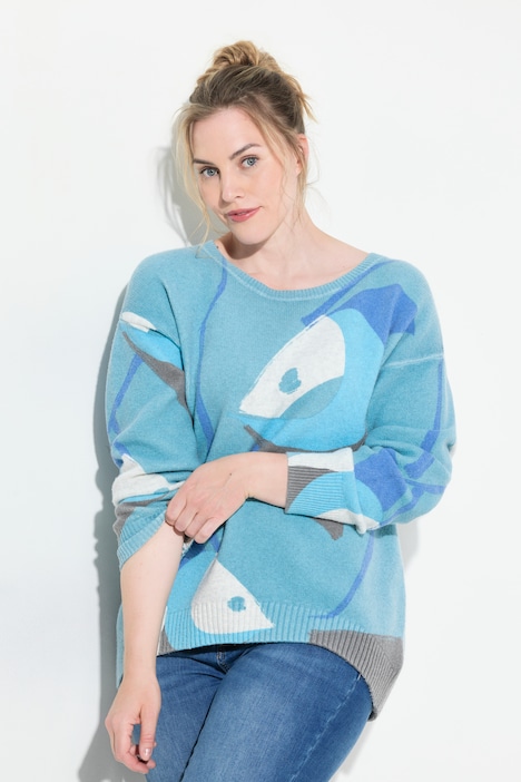 Abstract Fish Long-Sleeve Boat Neck Knit Sweater