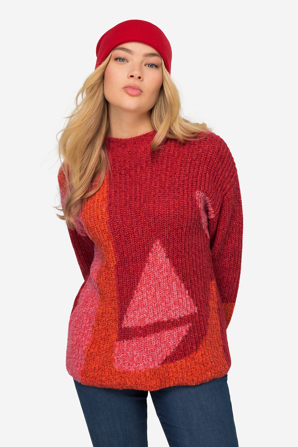 Große Größen Jacquard Pullover, Damen, rot, Größe: L, Synthetische Fasern/Baumwolle/Polyester, LAURASON