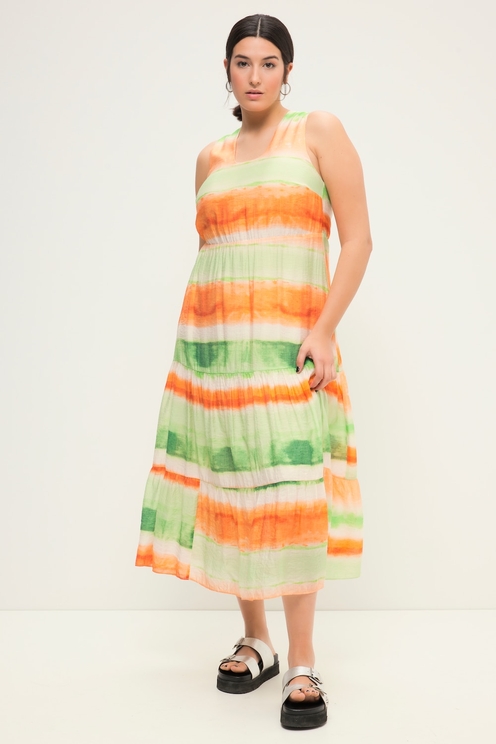 Maxikleid, A-Line, Batikstreifen, Rücken-V-Ausschnitt, Volants