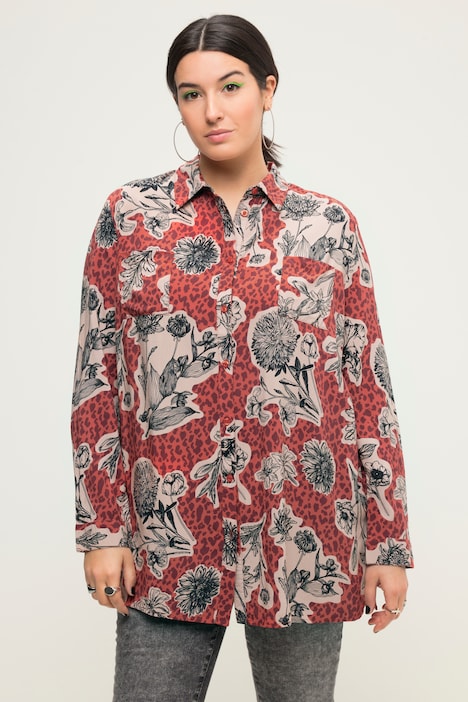 Botanical Print Button-Down Blouse, brick red | Ulla Popken