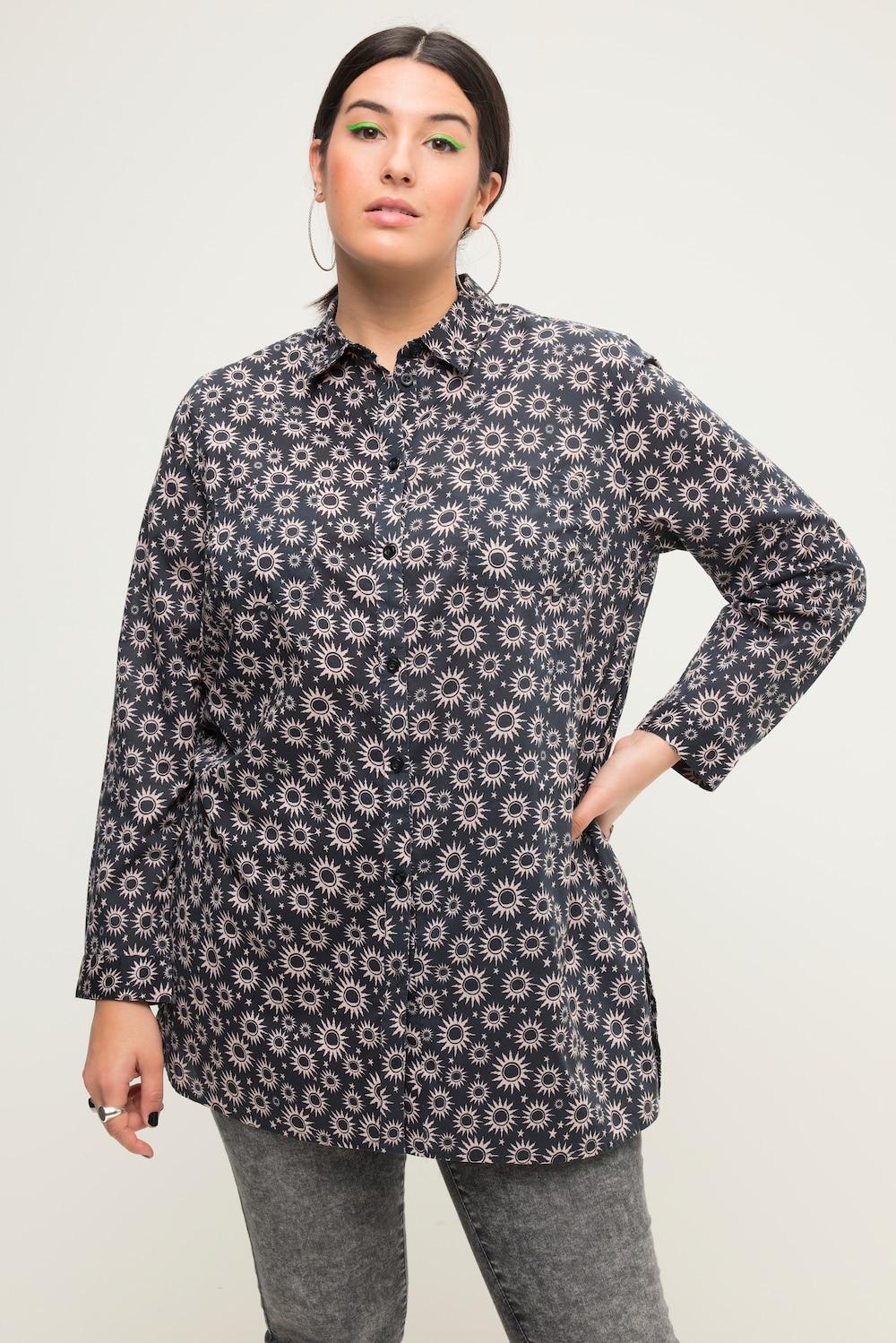 Hemdbluse, Boxy Shape, Sun-Print, Hemdkragen, Langarm