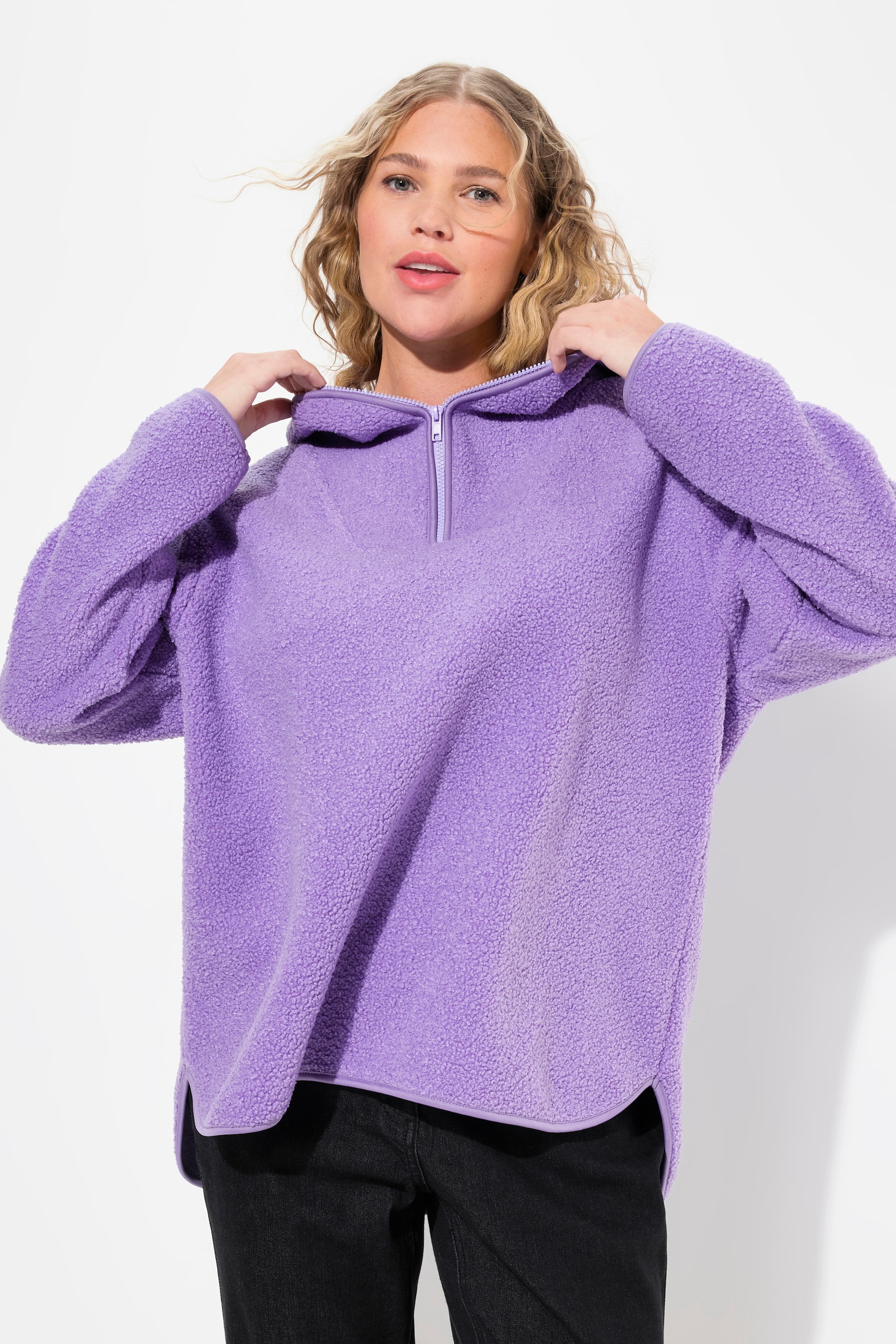 Ulla Popken Damen große Größen Teddypullover Plüsch Kapuze Langarm 831535