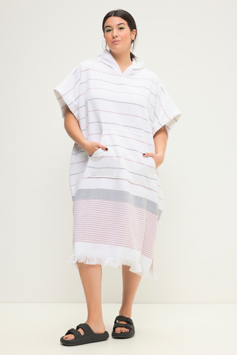Badeponcho, Boxy Shape, Kapuze, Fransen, Streifen
