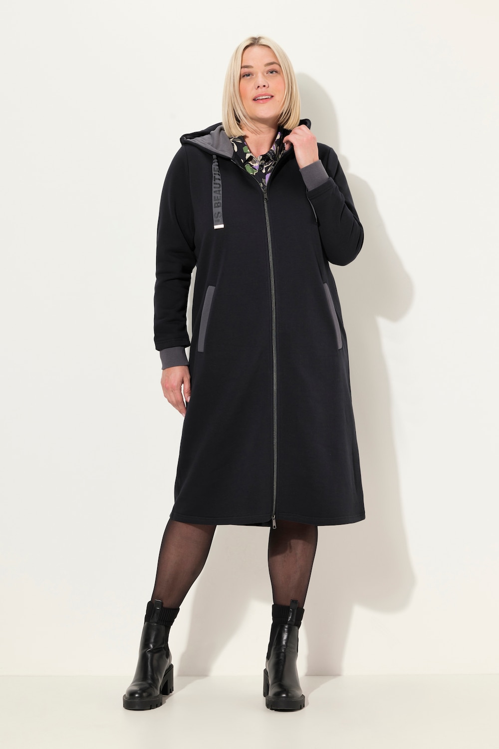 Große Größen Long-Sweatjacke, Damen, schwarz, Größe: 46/48, Baumwolle/Polyester, Ulla Popken