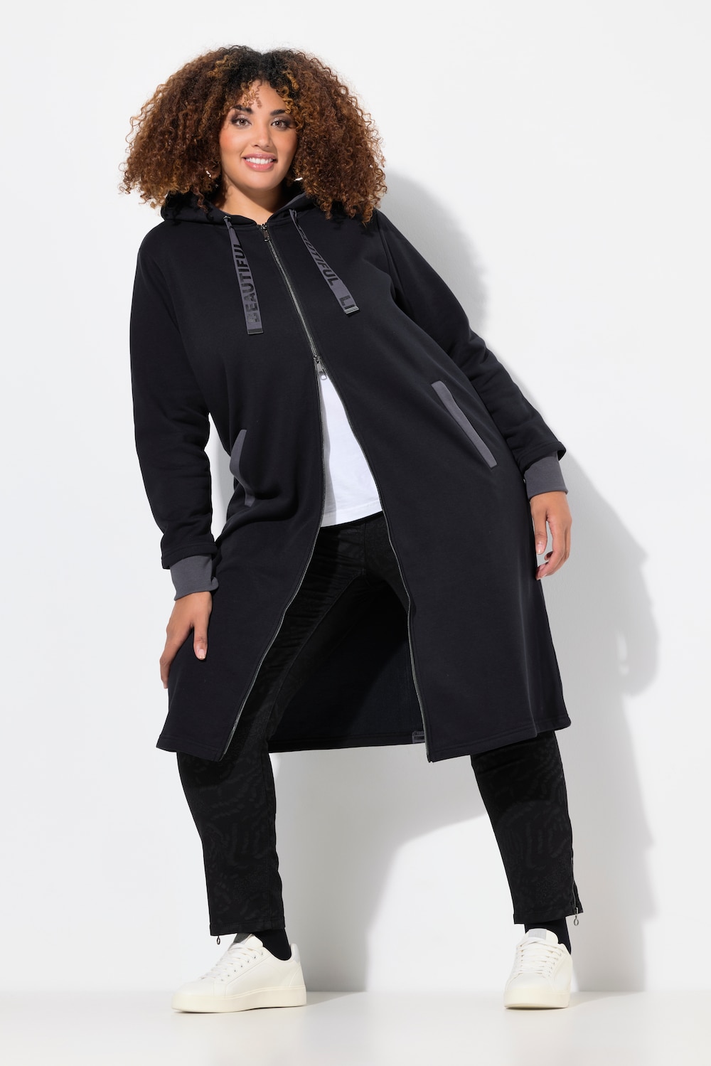 Long-Sweatjacke, Kapuze, 2-Wege-Zipper, Rückenstreifen