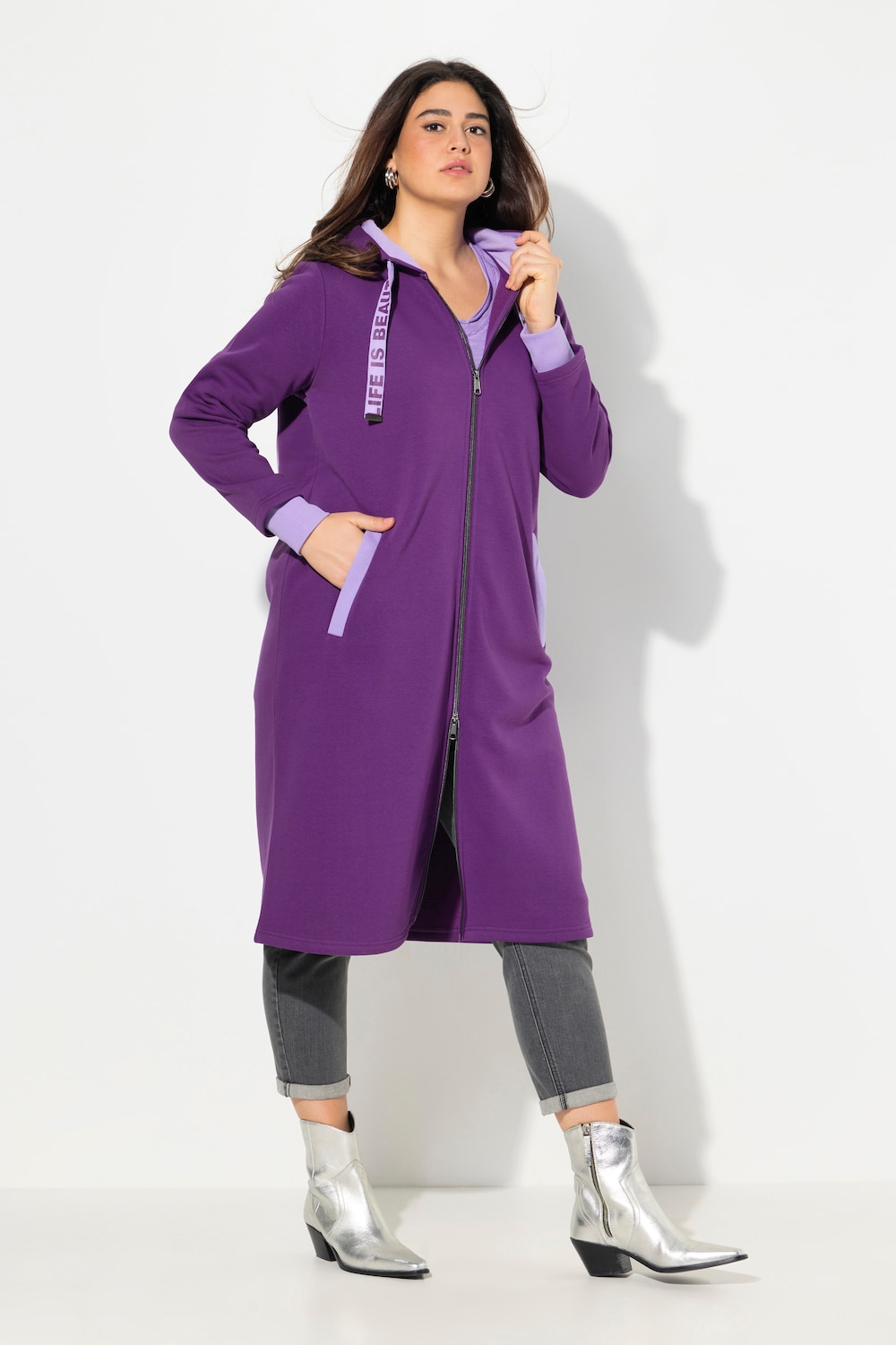 Große Größen Long-Sweatjacke, Damen, lila, Größe: 62/64, Baumwolle/Polyester, Ulla Popken