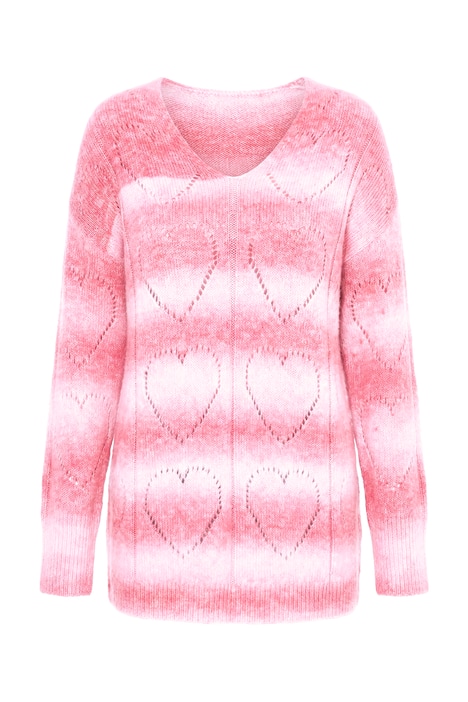 Svetr, barevný přechod, srdcový ažurový vzor, výstřih do V, dlouhé rukávy