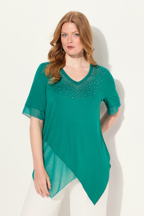 Asymmetric Layered Short Sleeve Rhinestone Blouse