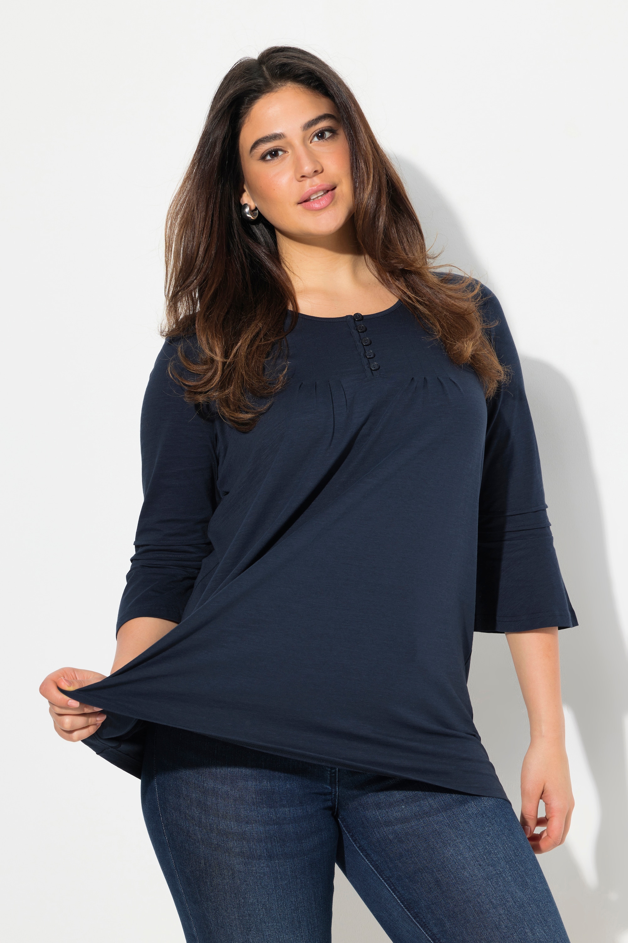Ulla Popken Damen große Größen Shirt Zierfalten A Linie Rundhals