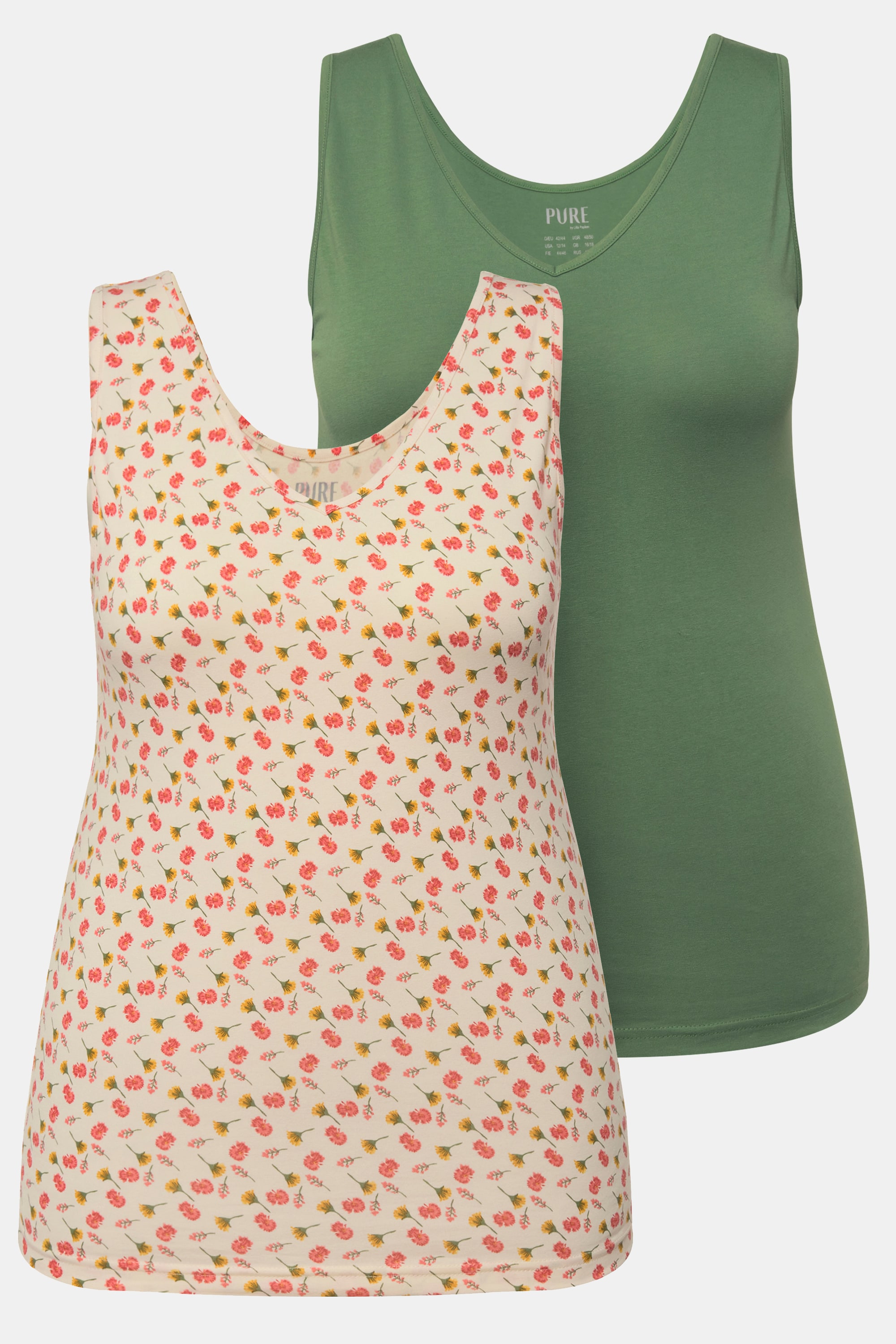 Ulla Popken Damen große Größen Tanktops 2er Pack Blüten einfarbig V Ausschnitt