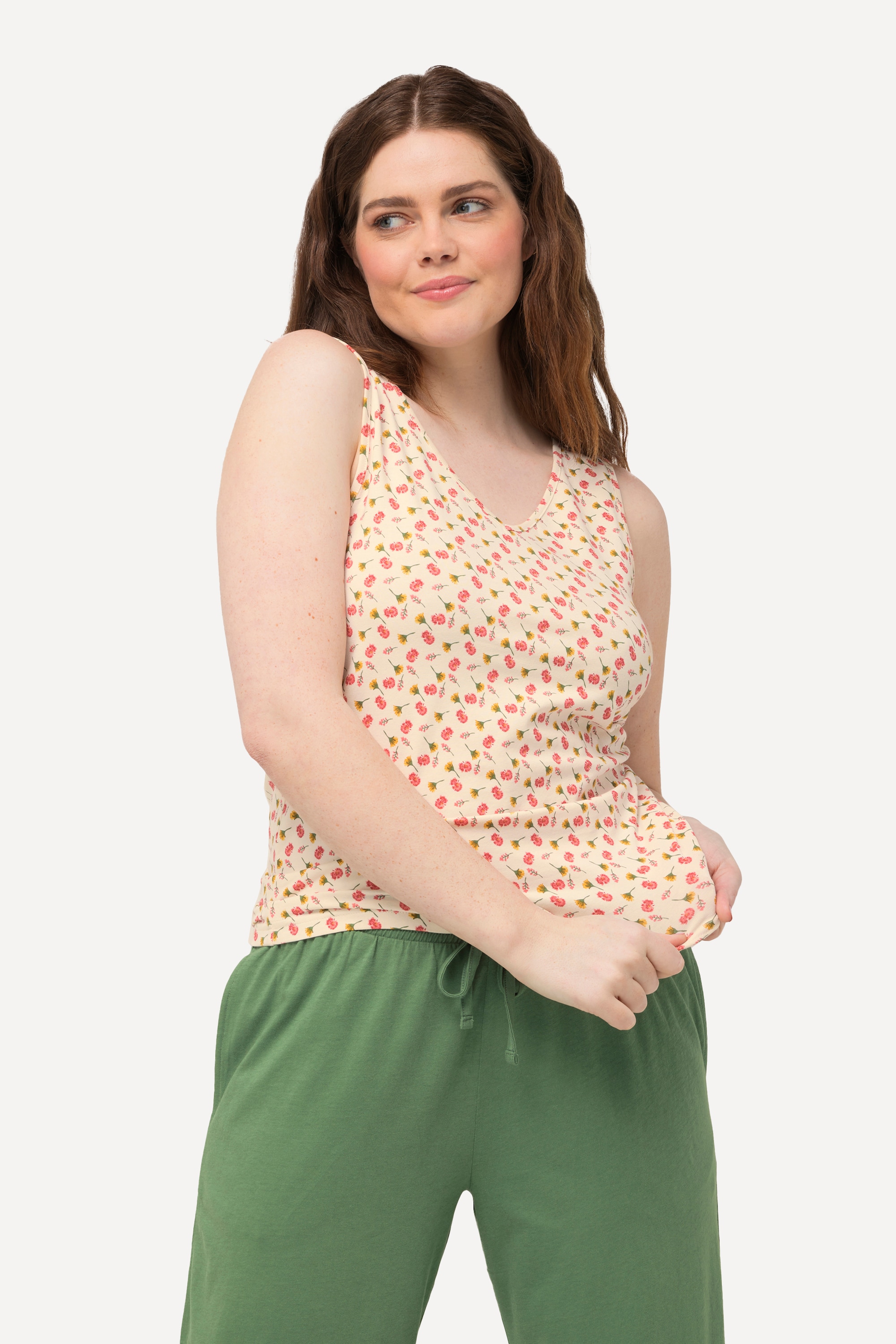Ulla Popken Damen große Größen Tanktops 2er Pack Blüten einfarbig V Ausschnitt