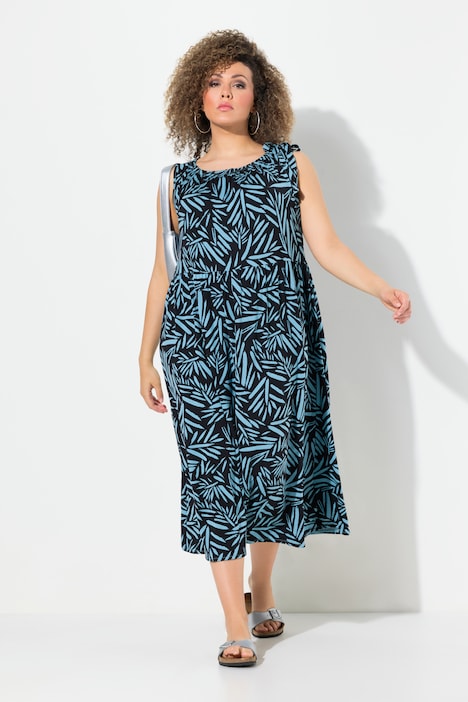 Ruffled Neckline Sleeveless Jersey Midi Dress