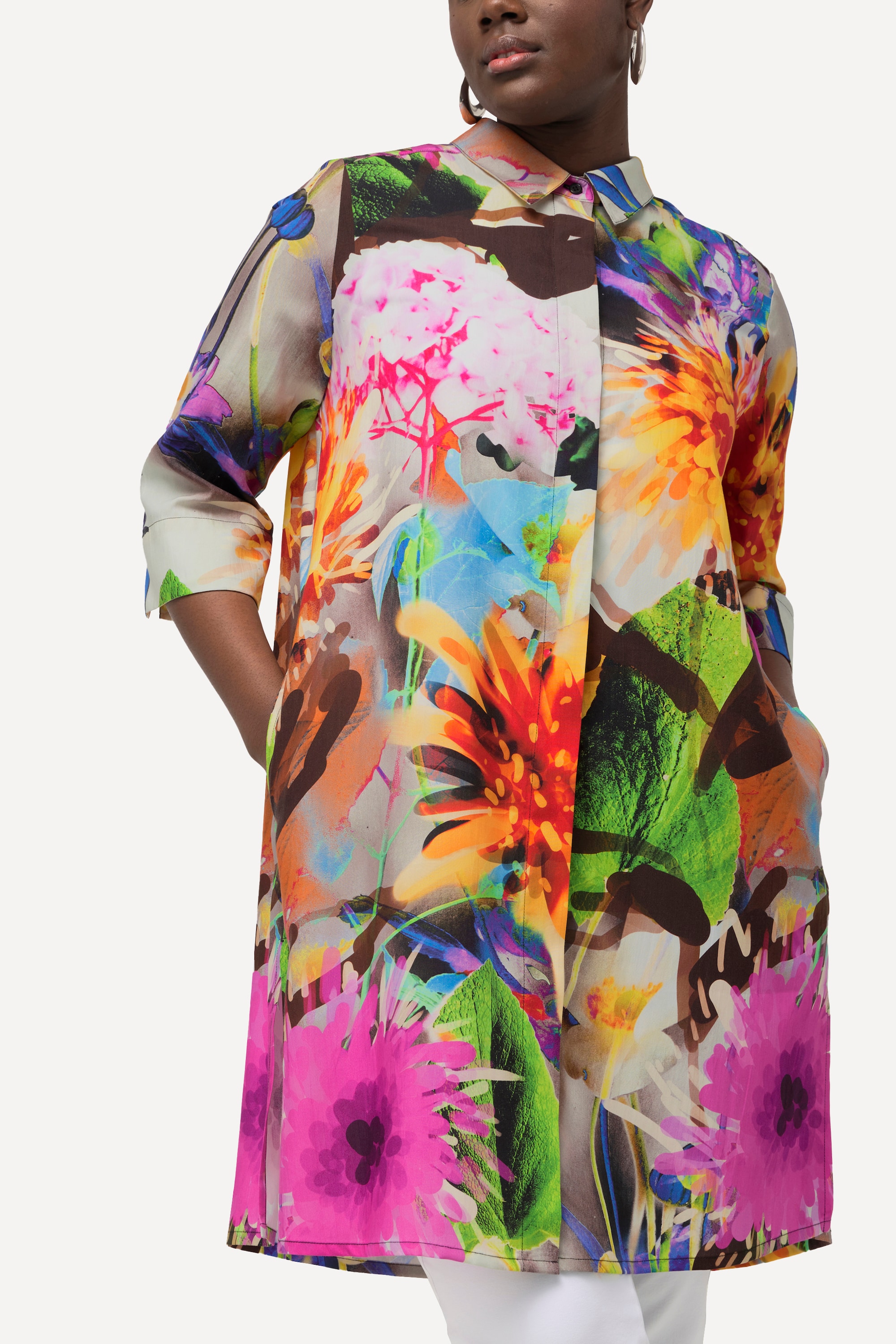 Ulla Popken Damen große Größen Lyocell Longbluse Blüten Hemdkragen