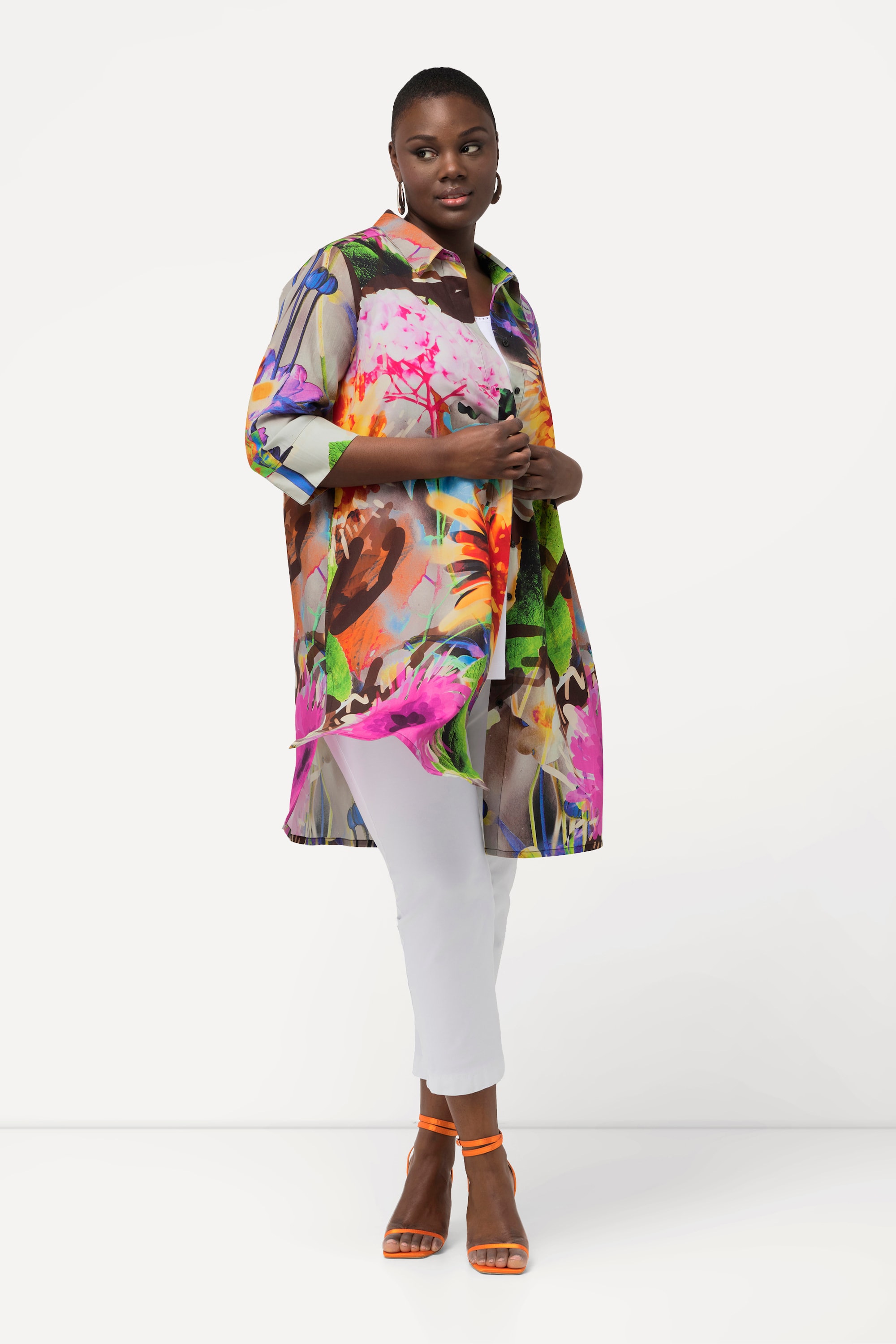 Ulla Popken Damen große Größen Lyocell Longbluse Blüten Hemdkragen