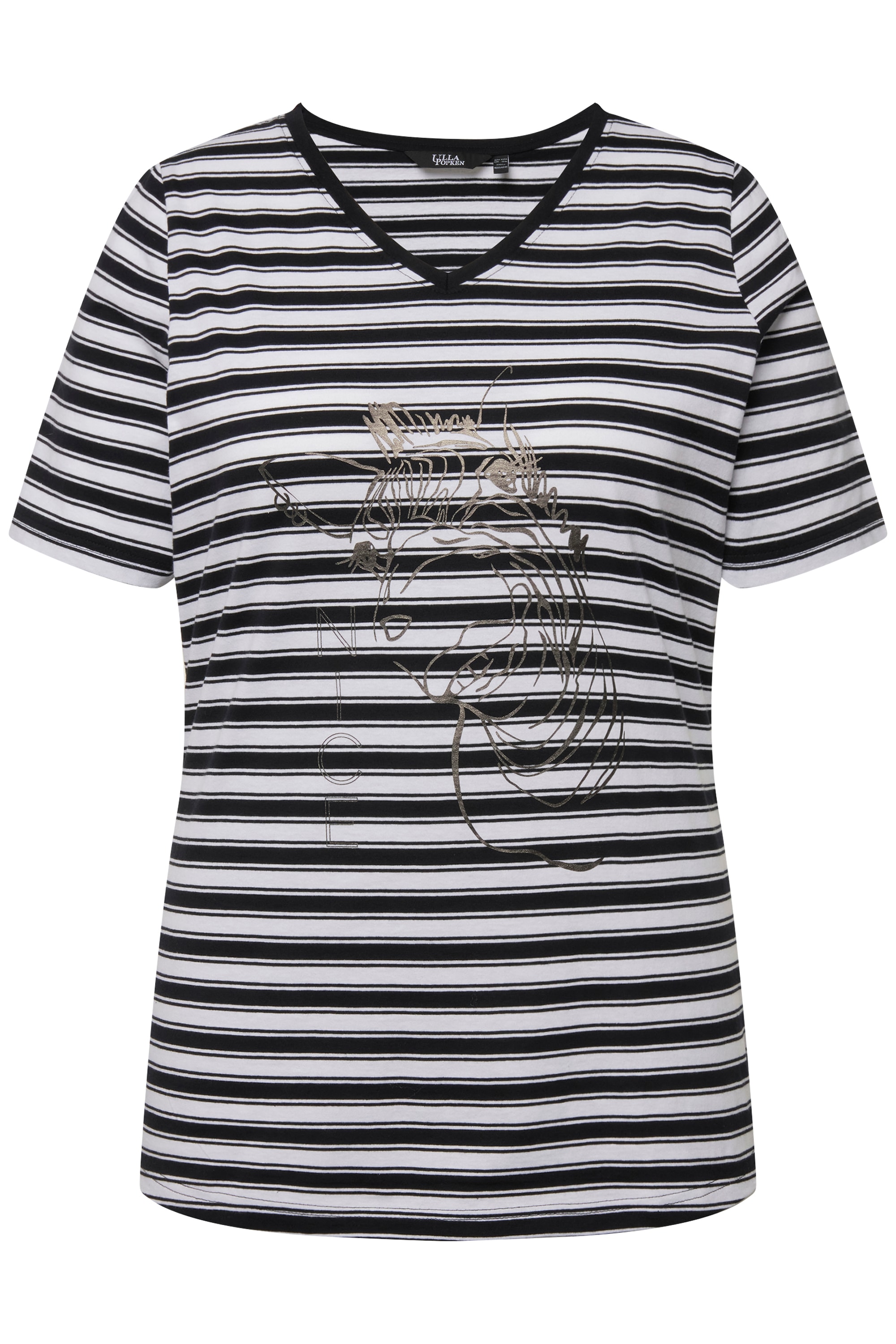 Ulla Popken Damen große Größen T Shirt Ringel Metallic Tiermotiv V Ausschnitt