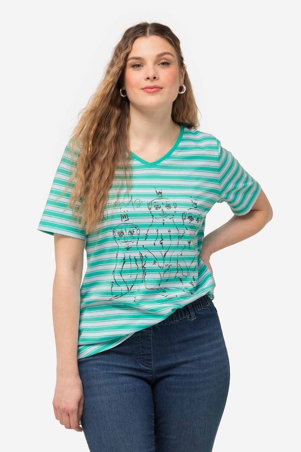T-shirt, strepen, metallic diermotief, V-hals, korte mouwen