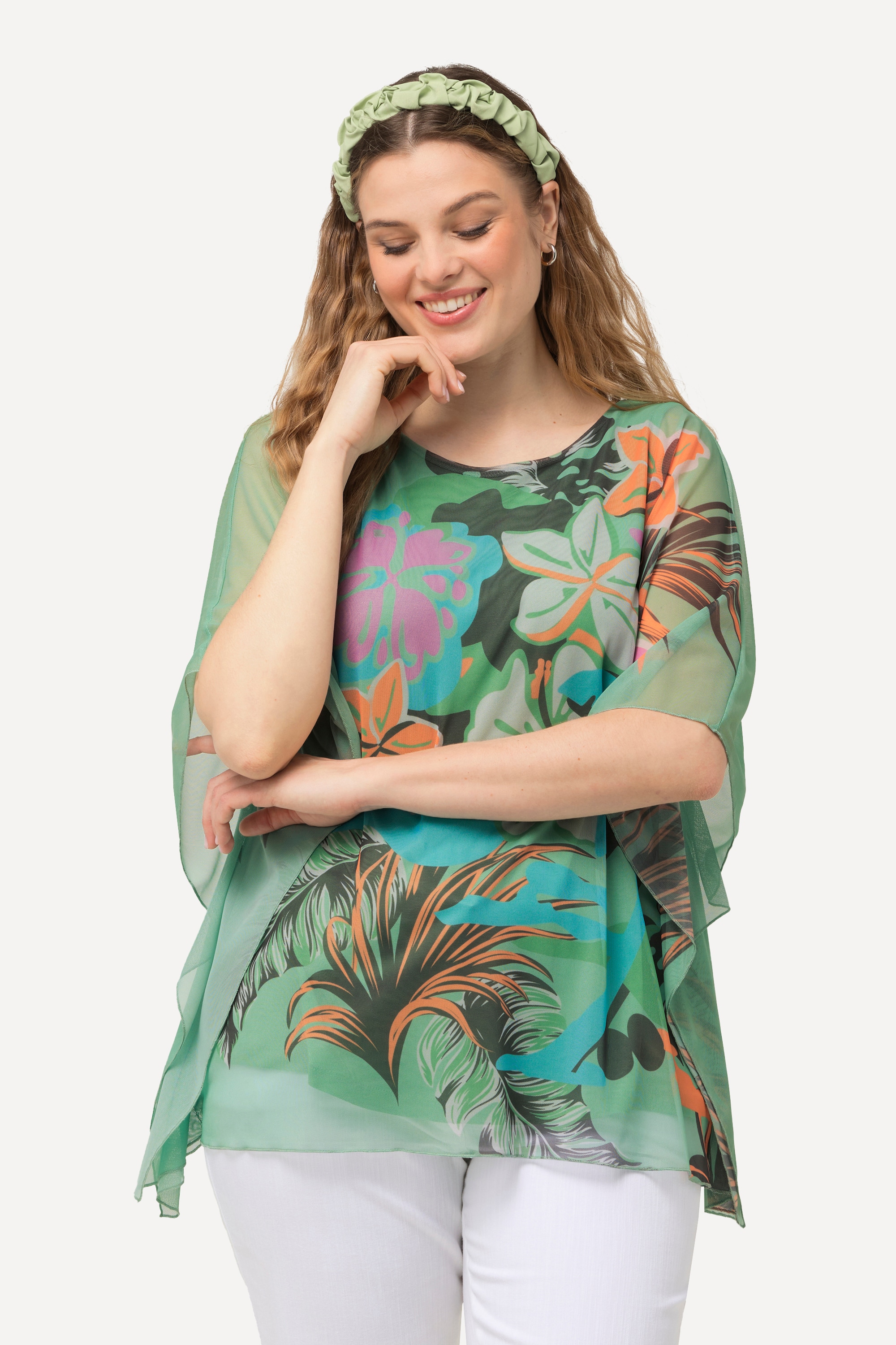 Ulla Popken Damen große Größen Bluse Blüten doppellagig Rundhals Halbarm 831846