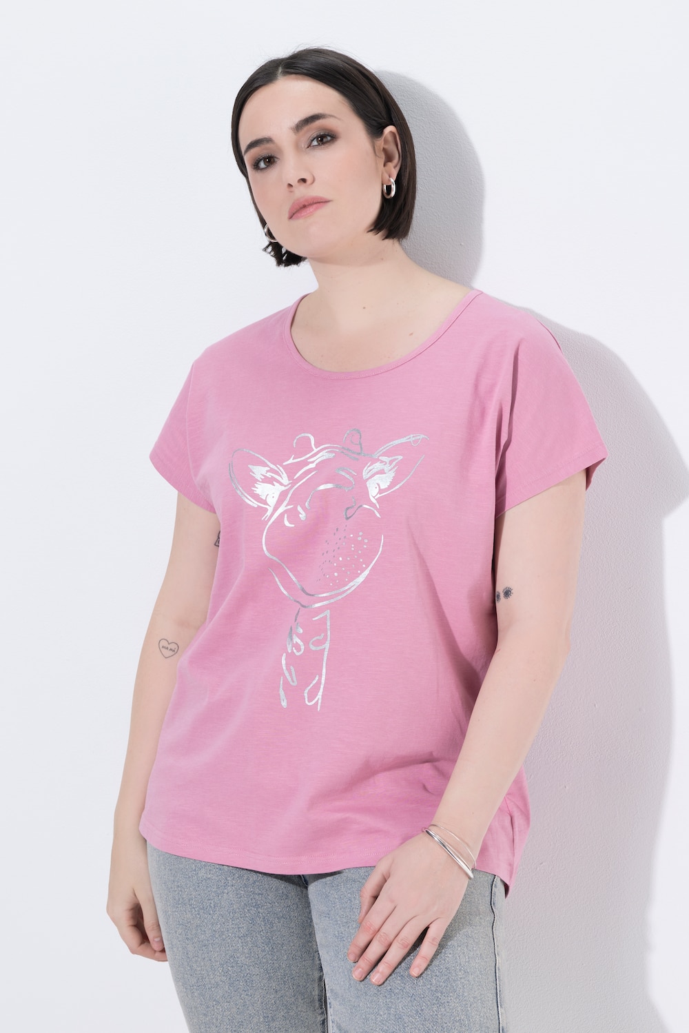 T-shirt, metallic diermotief, oversized, ronde hals, korte mouw