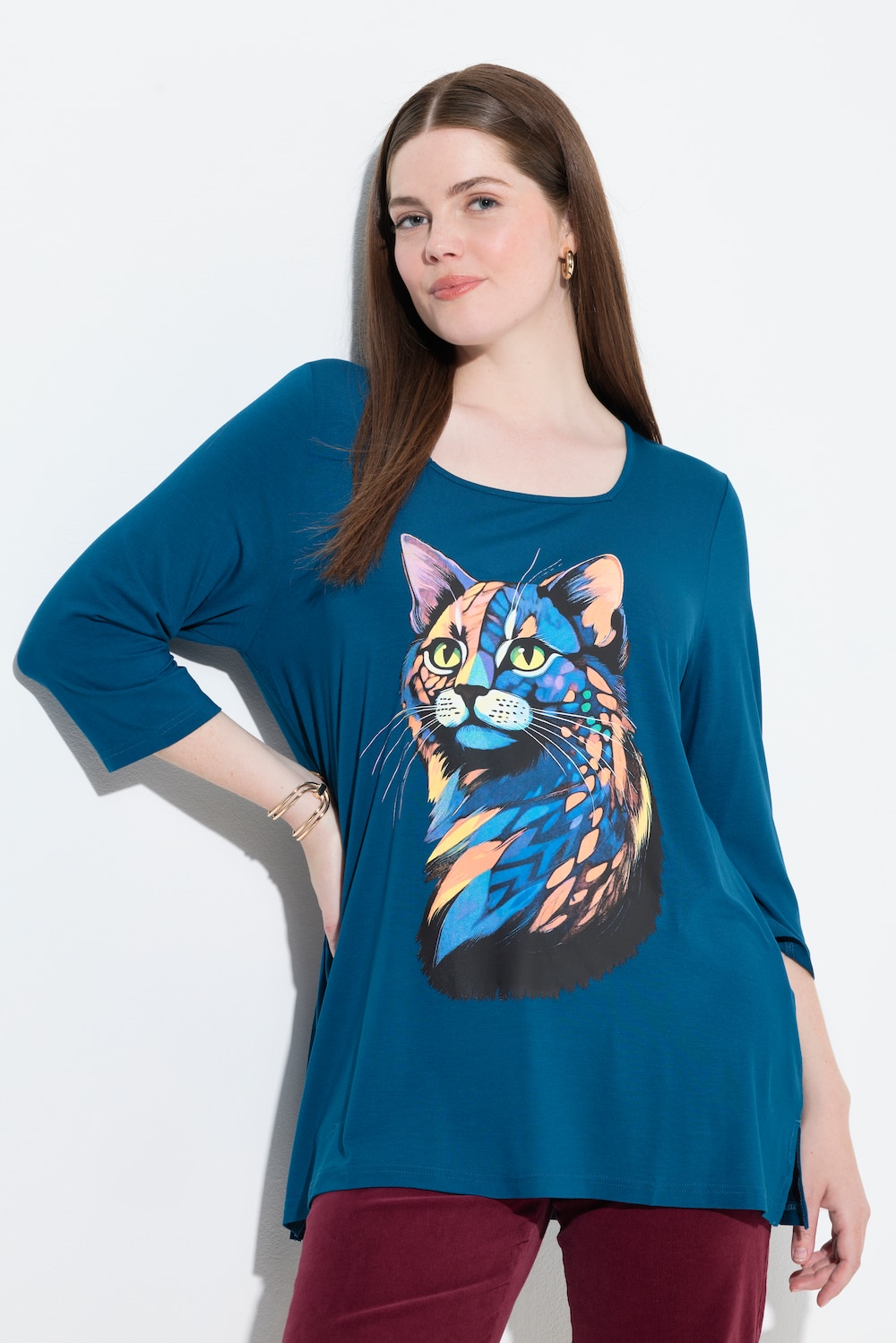 Shirt, Katze, A-Linie, Carree-Ausschnitt, 3/4-Arm