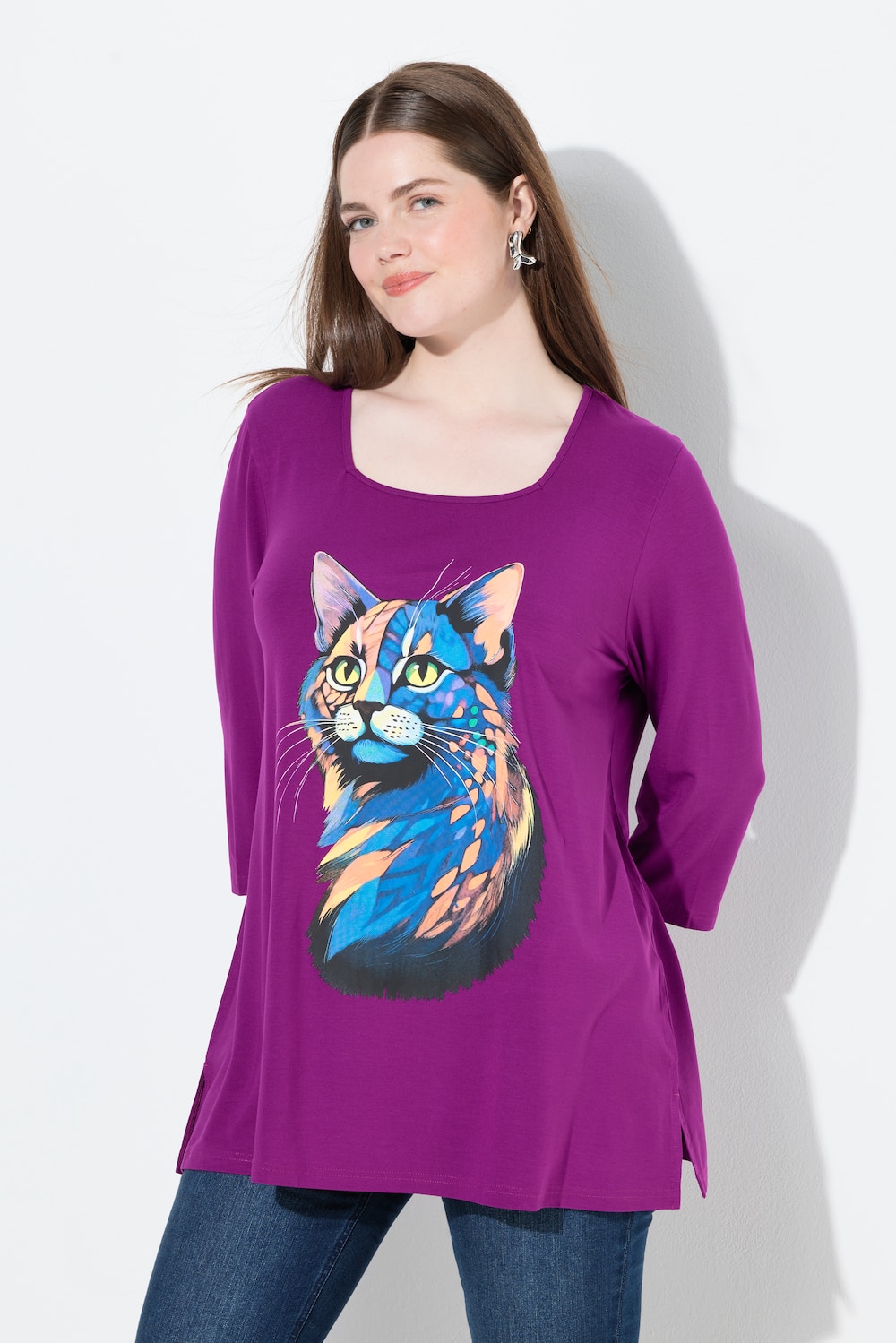 Shirt, Katze, A-Linie, Carree-Ausschnitt, 3/4-Arm