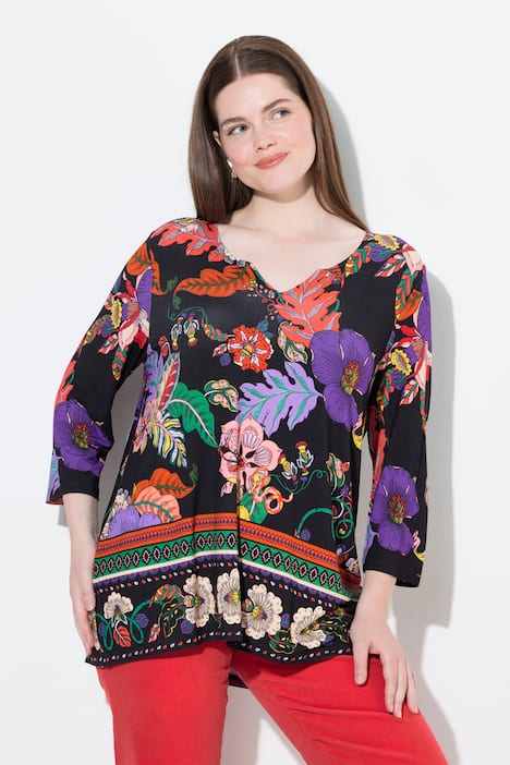 Shirt, Landhausdruck, A-Linie, Tunika-Ausschnitt, 3/4-Arm