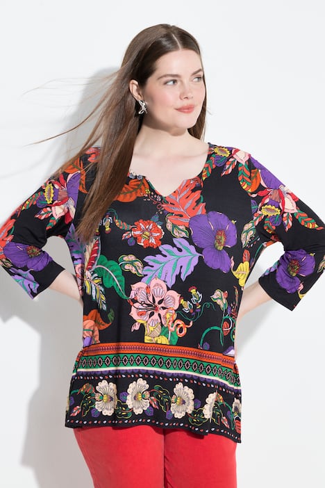 Shirt, Landhausdruck, A-Linie, Tunika-Ausschnitt, 3/4-Arm