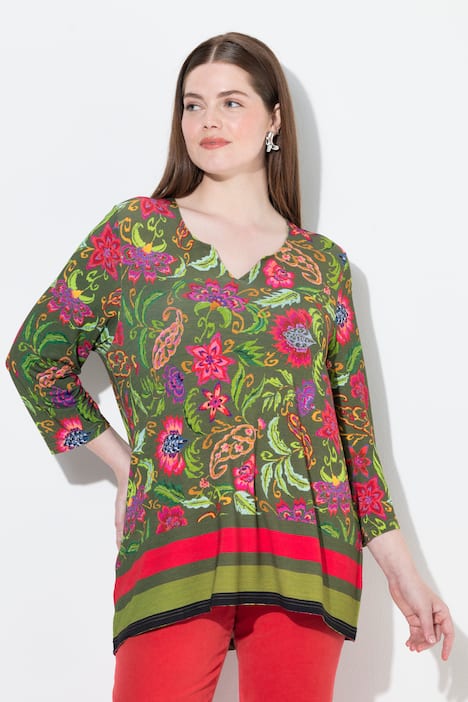 Shirt, landhuisprint, A-lijn, tuniekhals, 3/4-mouwen