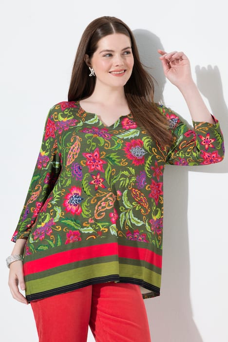 Shirt, landhuisprint, A-lijn, tuniekhals, 3/4-mouwen