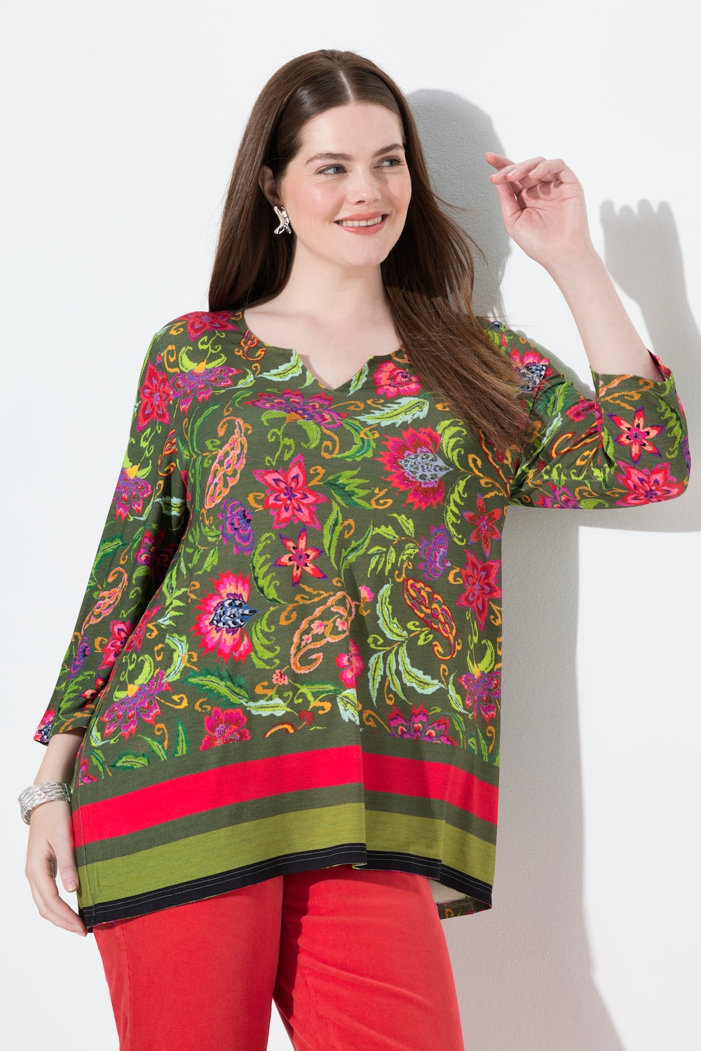 Shirt, Landhausdruck, A-Linie, Tunika-Ausschnitt, 3/4-Arm