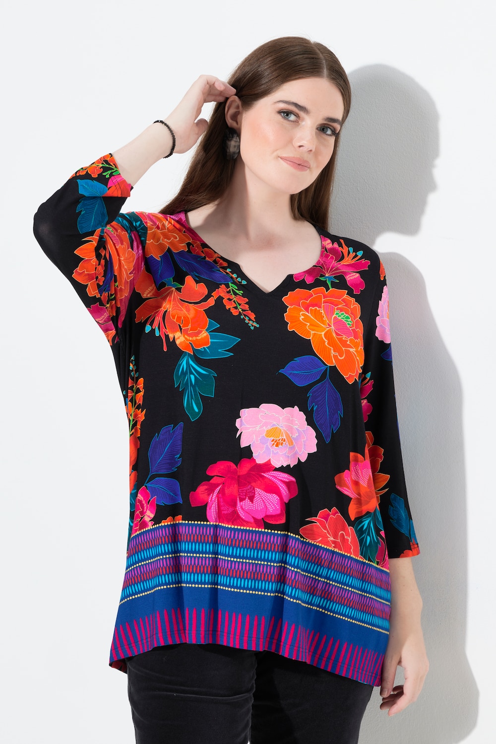 Shirt, Landhausdruck, A-Linie, Tunika-Ausschnitt, 3/4-Arm