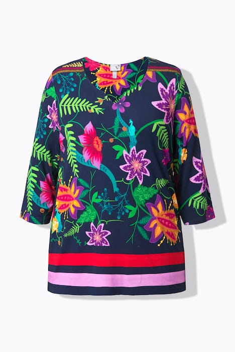 Shirt, landhuisprint, A-lijn, tuniekhals, 3/4-mouwen