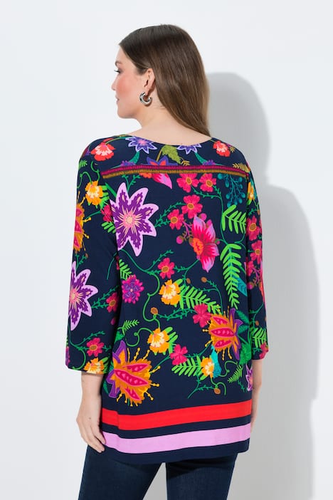 Shirt, landhuisprint, A-lijn, tuniekhals, 3/4-mouwen