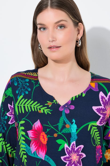 Shirt, landhuisprint, A-lijn, tuniekhals, 3/4-mouwen