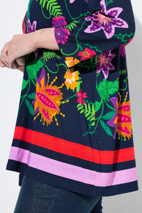 Shirt, landhuisprint, A-lijn, tuniekhals, 3/4-mouwen