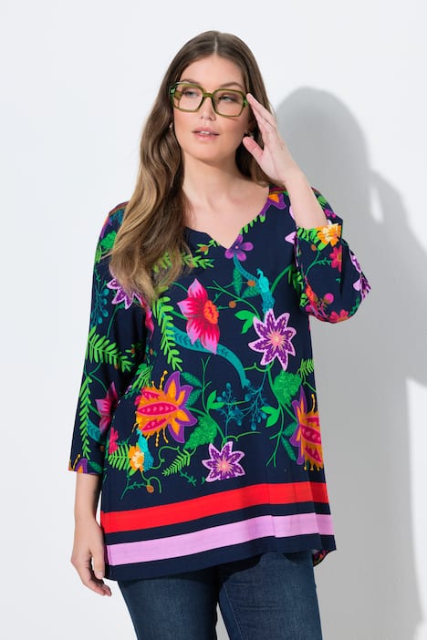 Shirt, landhuisprint, A-lijn, tuniekhals, 3/4-mouwen