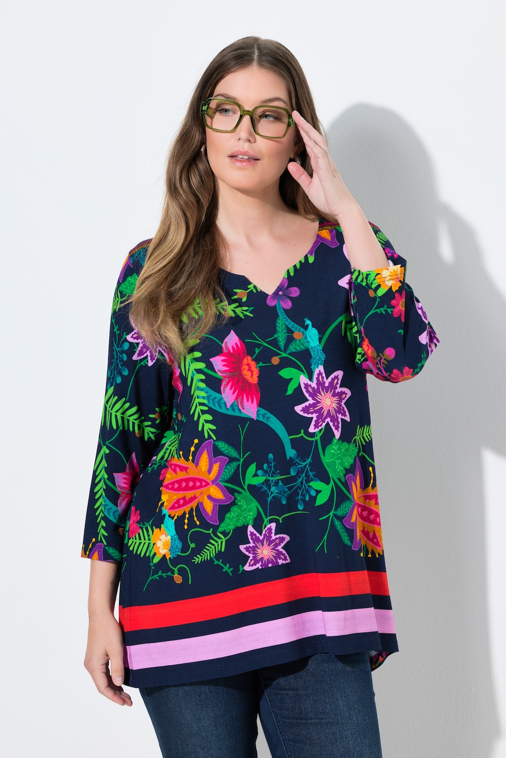 Shirt, landhuisprint, A-lijn, tuniekhals, 3/4-mouwen