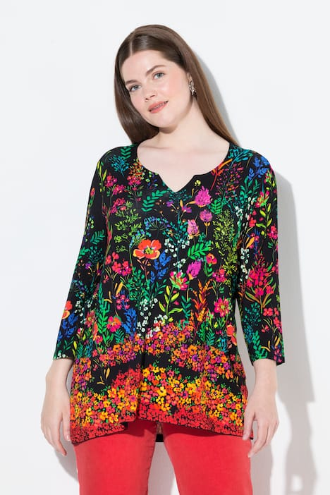 Shirt, Landhausdruck, A-Linie, Tunika-Ausschnitt, 3/4-Arm