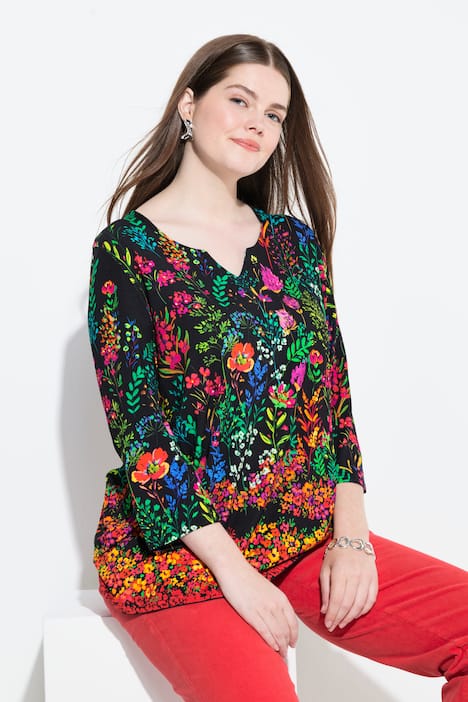 Shirt, Landhausdruck, A-Linie, Tunika-Ausschnitt, 3/4-Arm
