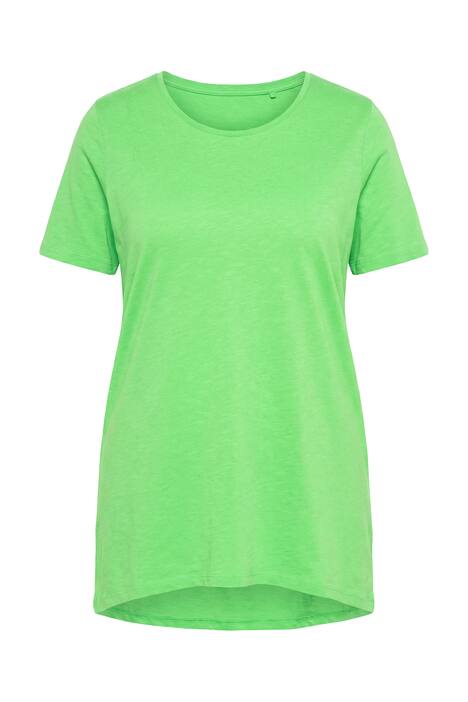 Dlouhé tričko, kulatý výstřih, krátké rukávy, zaoblený lem