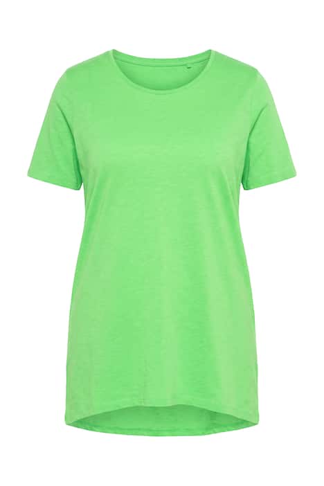 Dlouhé tričko, kulatý výstřih, krátké rukávy, zaoblený lem