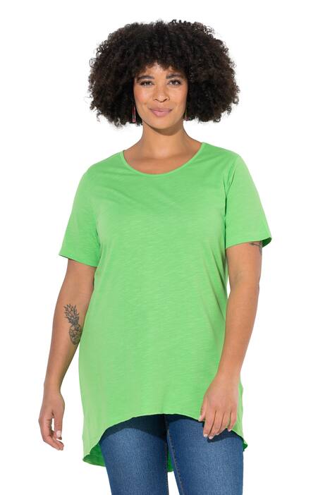 Dlouhé tričko, kulatý výstřih, krátké rukávy, zaoblený lem