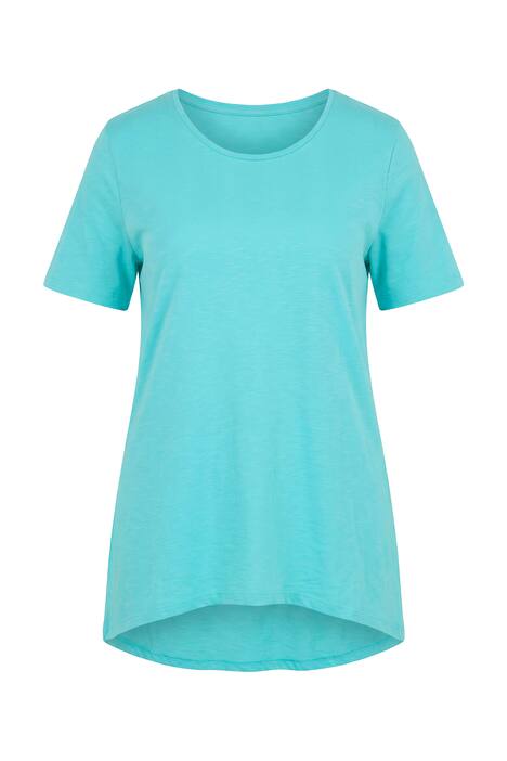 Dlouhé tričko, kulatý výstřih, krátké rukávy, zaoblený lem