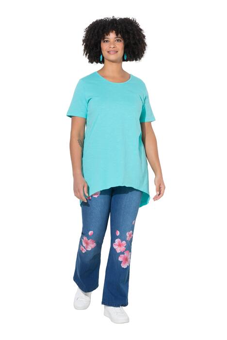 Dlouhé tričko, kulatý výstřih, krátké rukávy, zaoblený lem