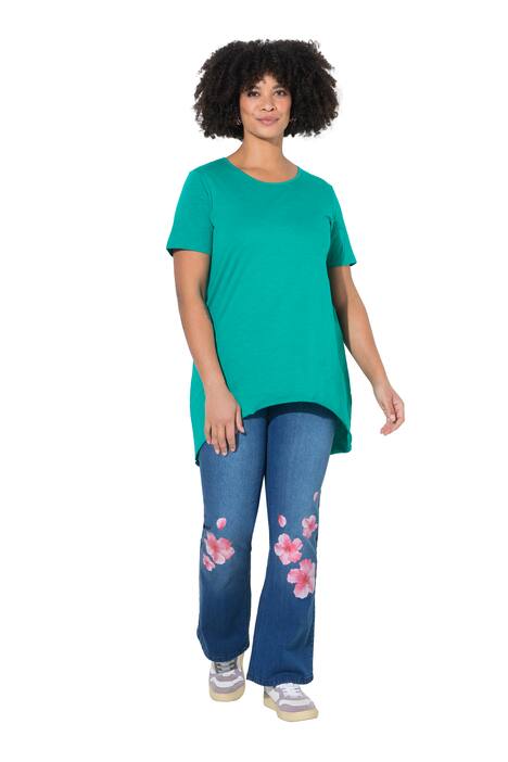 Dlouhé tričko, kulatý výstřih, krátké rukávy, zaoblený lem