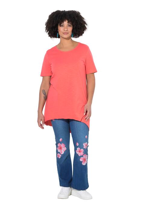 Dlouhé tričko, kulatý výstřih, krátké rukávy, zaoblený lem