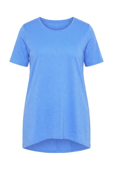 Dlouhé tričko, kulatý výstřih, krátké rukávy, zaoblený lem